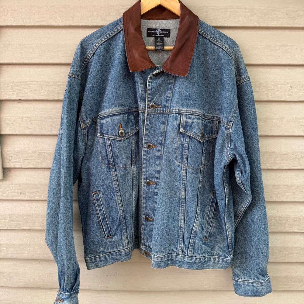 Vintage Warner Bros Mens XL Denim Jacket Taz Angel Leather Collar 1996 Retro